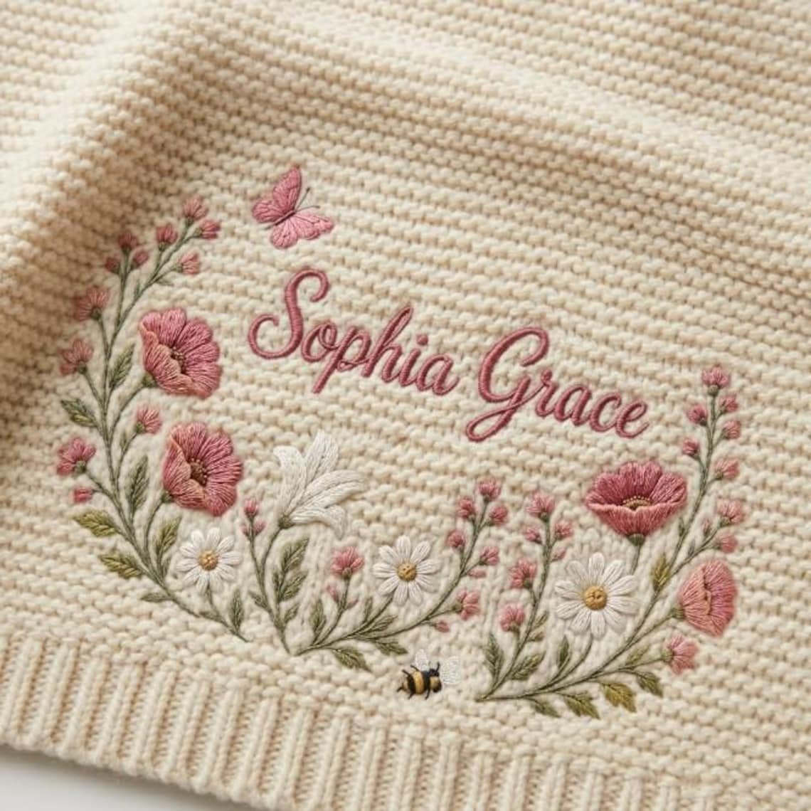 Personalized Wildflower Baby Blanket – Custom Name Embroidered Floral & Butterfly Knit Blanket