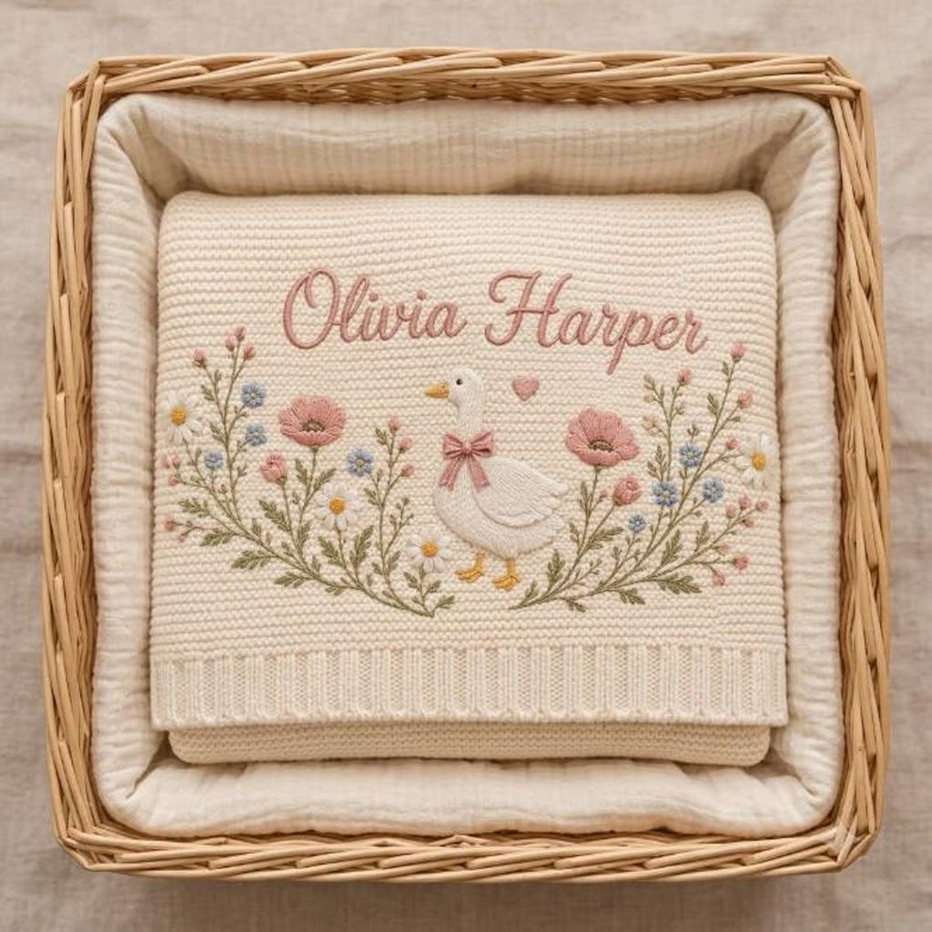 Personalized Vintage Goose Baby Blanket – Custom Name Embroidered Knit Blanket with Floral Design