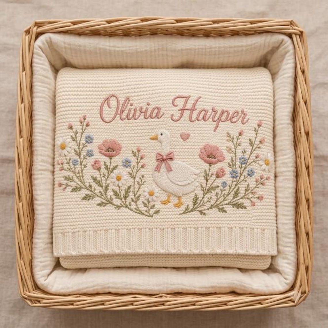 Personalized Vintage Goose Baby Blanket – Custom Name Embroidered Knit Blanket with Floral Design