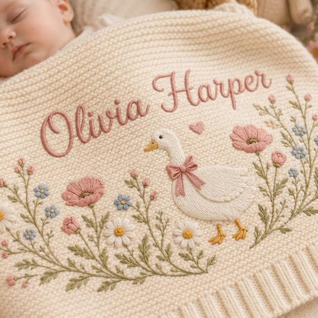 Personalized Vintage Goose Baby Blanket – Custom Name Embroidered Knit Blanket with Floral Design