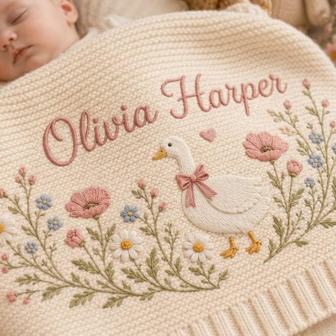 Personalized Vintage Goose Baby Blanket – Custom Name Embroidered Knit Blanket with Floral Design