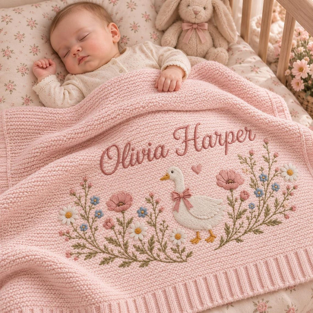 Personalized Vintage Goose Baby Blanket – Custom Name Embroidered Knit Blanket with Floral Design