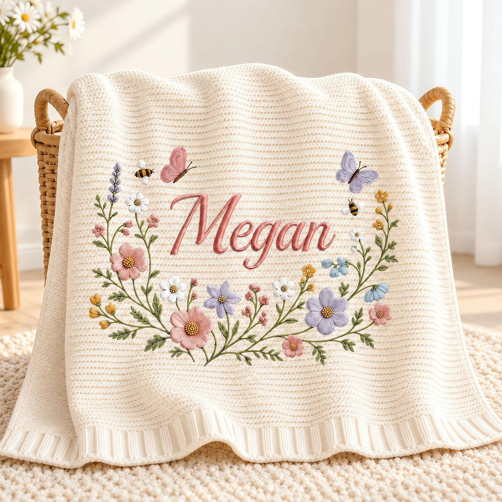 Personalized Floral Embroidered Baby Blanket, Organic Cotton, Newborn Keepsake Lee