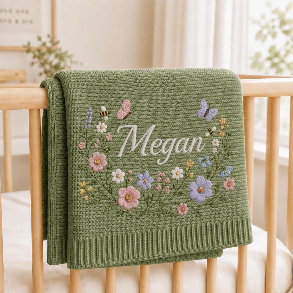 Personalized Floral Embroidered Baby Blanket, Organic Cotton, Newborn Keepsake Lee