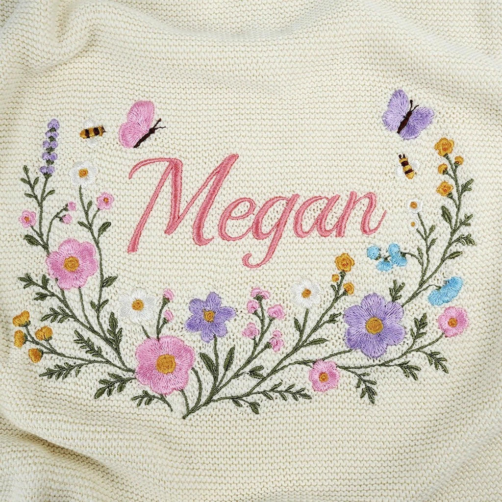 Personalized Floral Embroidered Baby Blanket, Organic Cotton, Newborn Keepsake Lee