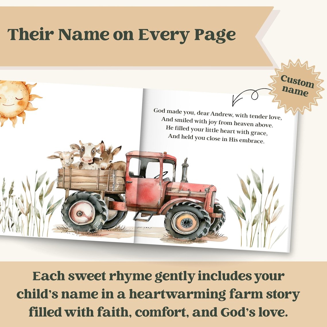 Personalized Baptism Baby Book Gift for Boy Girl, Custom Farm Baby Book with Name, First Year Baby Storybook, Faith Grandbaby Gift Idea