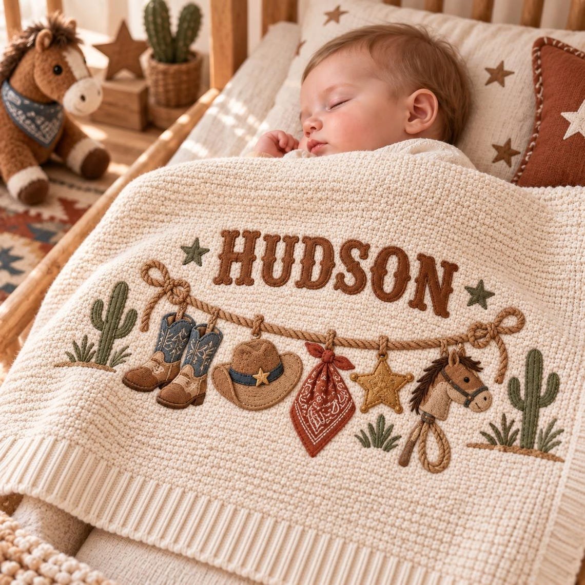 Personalized Western Baby Blanket, Baby Boy Gift, Custom Name Cowboy Horse Blanket, Rodeo Nursery Decor, Newborn Baby Shower Gift