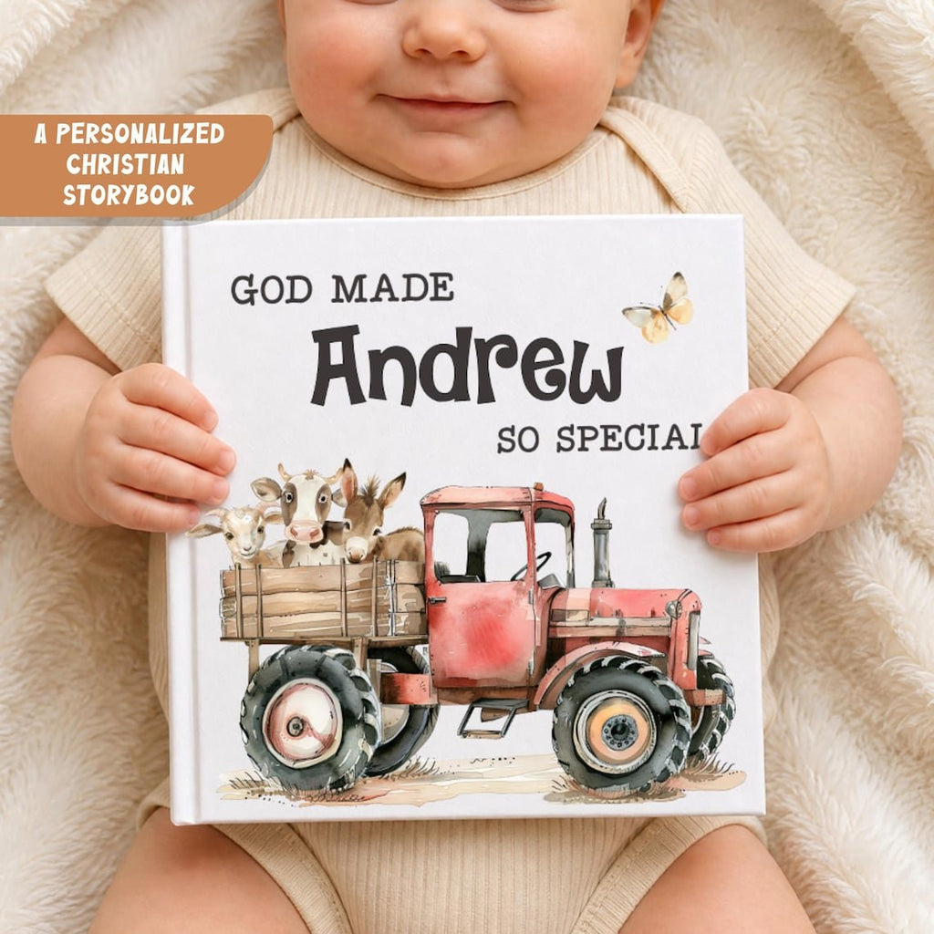 Personalized Baptism Baby Book Gift for Boy Girl, Custom Farm Baby Book with Name, First Year Baby Storybook, Faith Grandbaby Gift Idea