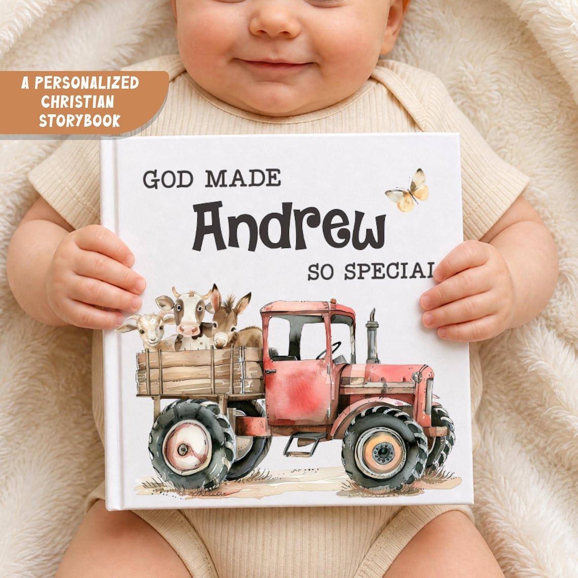 Personalized Baptism Baby Book Gift for Boy Girl, Custom Farm Baby Book with Name, First Year Baby Storybook, Faith Grandbaby Gift Idea