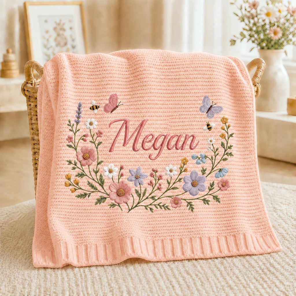 Personalized Floral Embroidered Baby Blanket, Organic Cotton, Newborn Keepsake Lee
