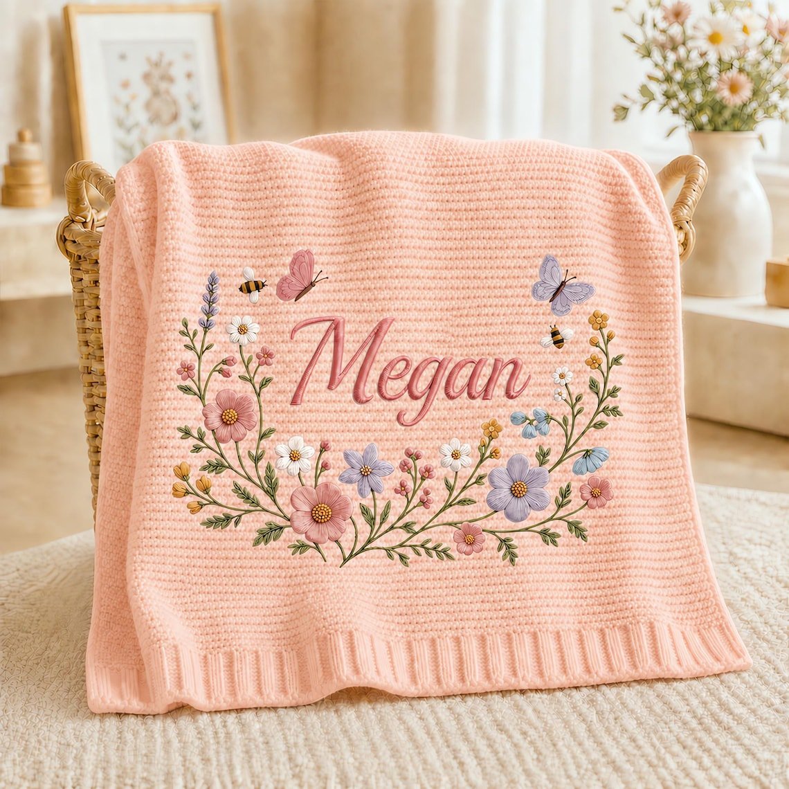 Personalized Floral Embroidered Baby Blanket, Organic Cotton, Newborn Keepsake Lee