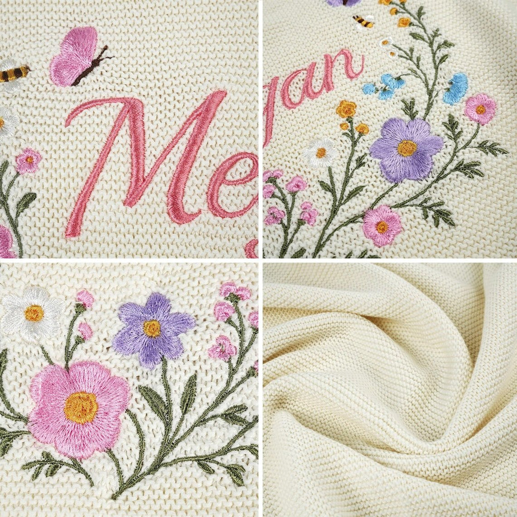 Personalized Floral Embroidered Baby Blanket, Organic Cotton, Newborn Keepsake Lee