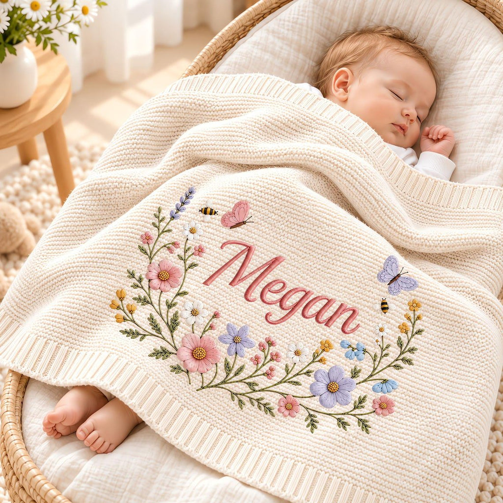Personalized Floral Embroidered Baby Blanket, Organic Cotton, Newborn Keepsake Lee