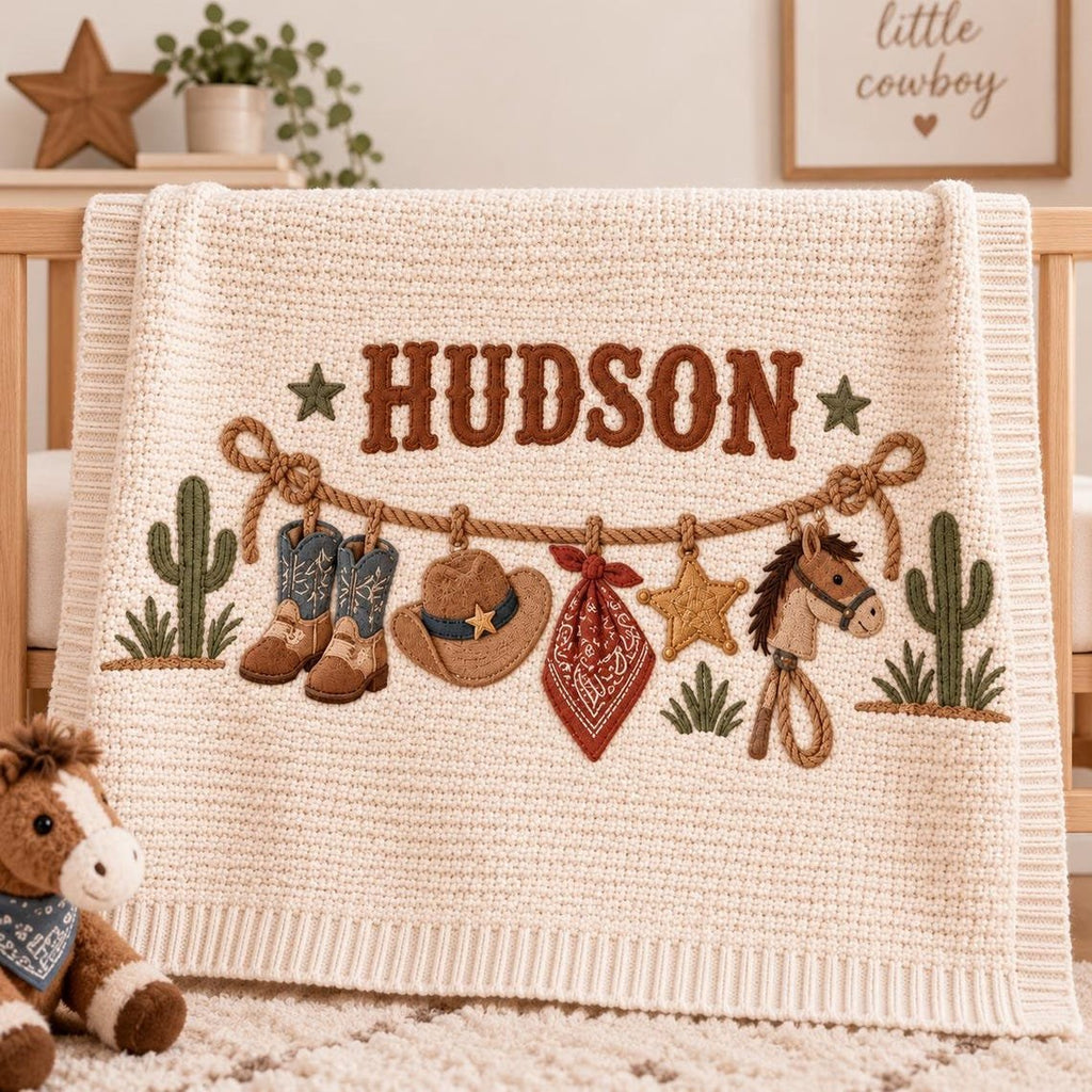 Personalized Western Baby Blanket, Baby Boy Gift, Custom Name Cowboy Horse Blanket, Rodeo Nursery Decor, Newborn Baby Shower Gift