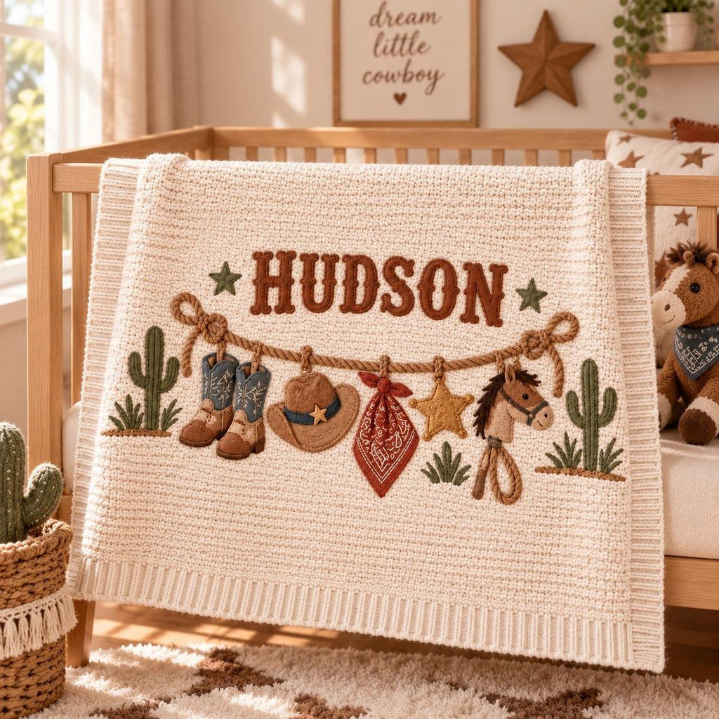 Personalized Western Baby Blanket, Baby Boy Gift, Custom Name Cowboy Horse Blanket, Rodeo Nursery Decor, Newborn Baby Shower Gift