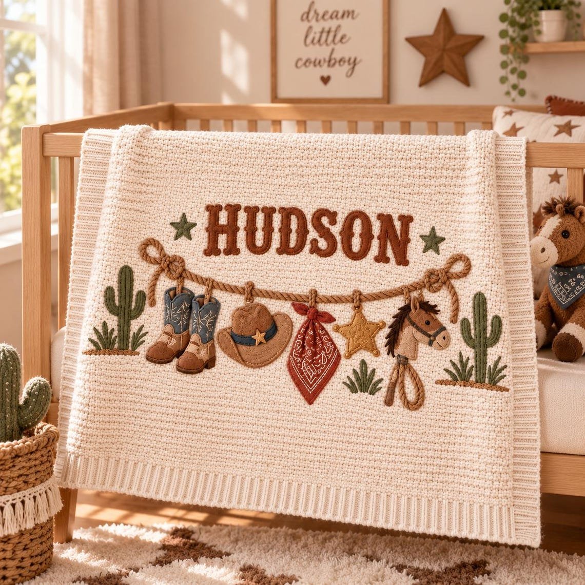 Personalized Western Baby Blanket, Baby Boy Gift, Custom Name Cowboy Horse Blanket, Rodeo Nursery Decor, Newborn Baby Shower Gift