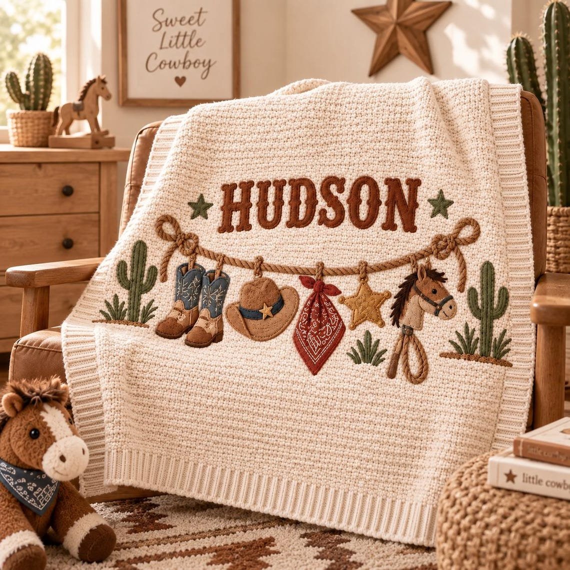 Personalized Western Baby Blanket, Baby Boy Gift, Custom Name Cowboy Horse Blanket, Rodeo Nursery Decor, Newborn Baby Shower Gift