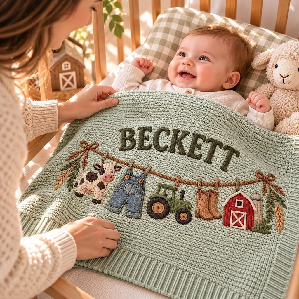Personalized Farm Baby Blanket, Baby Boy Gift, Custom Name Tractor Cow Blanket, Farmer Nursery Decor, Baby Shower Gift