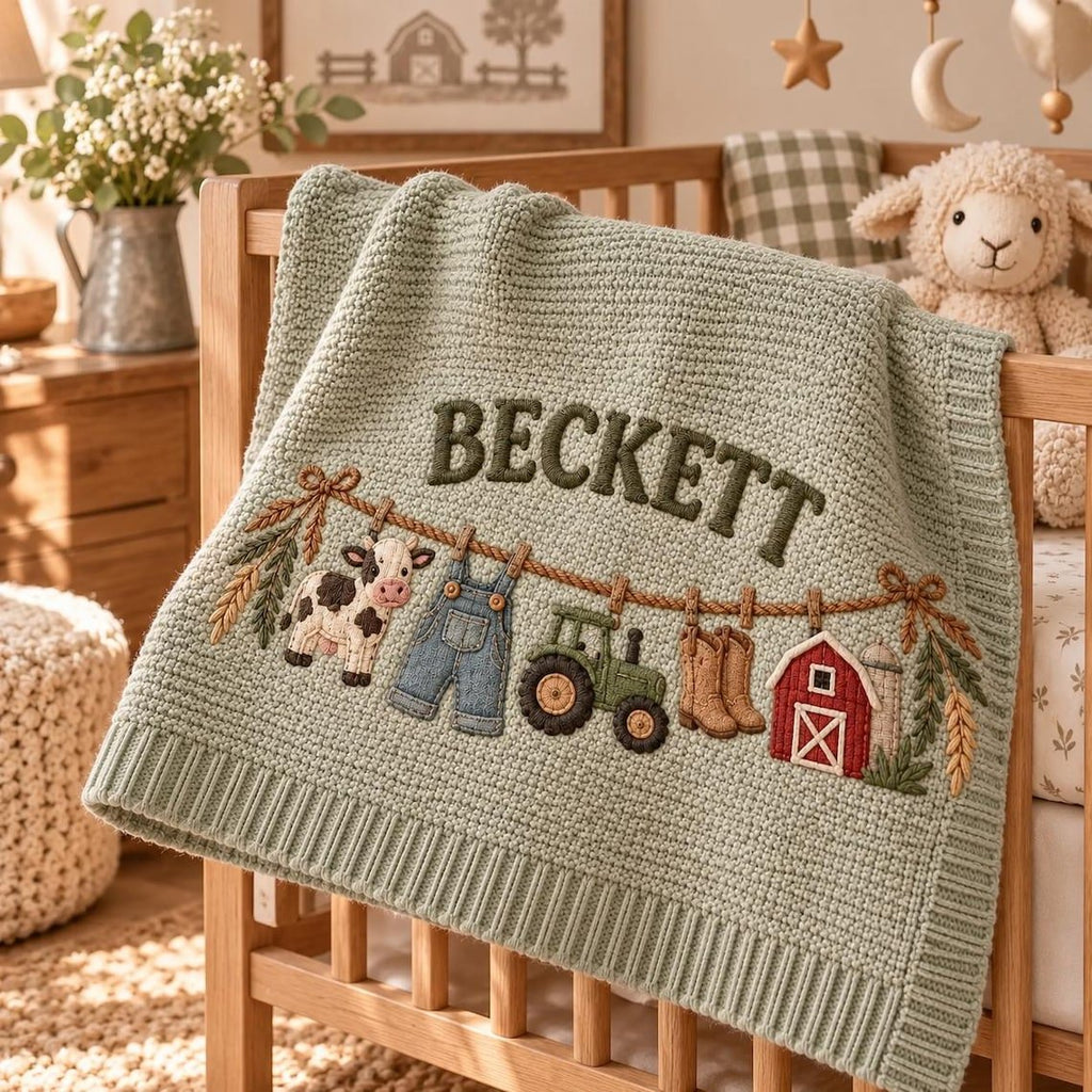 Personalized Farm Baby Blanket, Baby Boy Gift, Custom Name Tractor Cow Blanket, Farmer Nursery Decor, Baby Shower Gift
