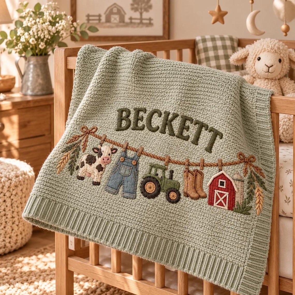 Personalized Farm Baby Blanket, Baby Boy Gift, Custom Name Tractor Cow Blanket, Farmer Nursery Decor, Baby Shower Gift