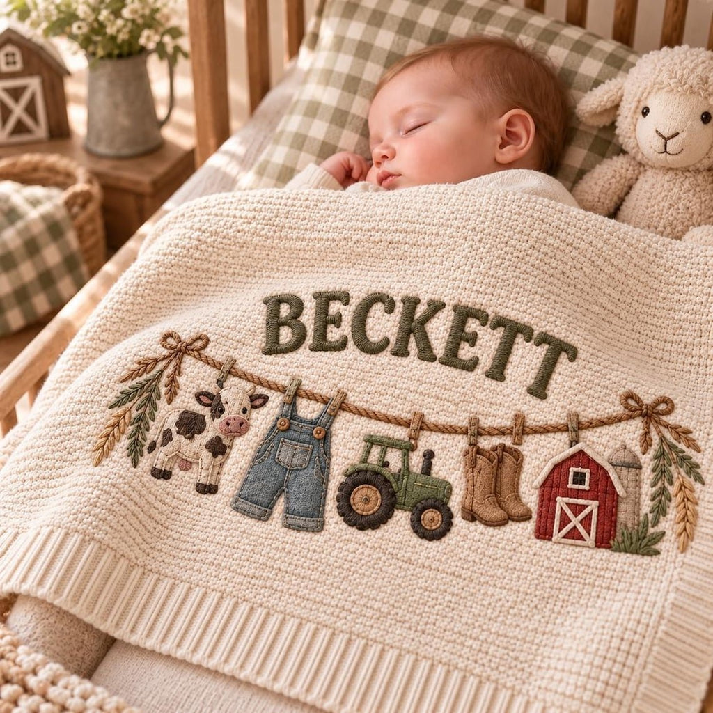 Personalized Farm Baby Blanket, Baby Boy Gift, Custom Name Tractor Cow Blanket, Farmer Nursery Decor, Baby Shower Gift