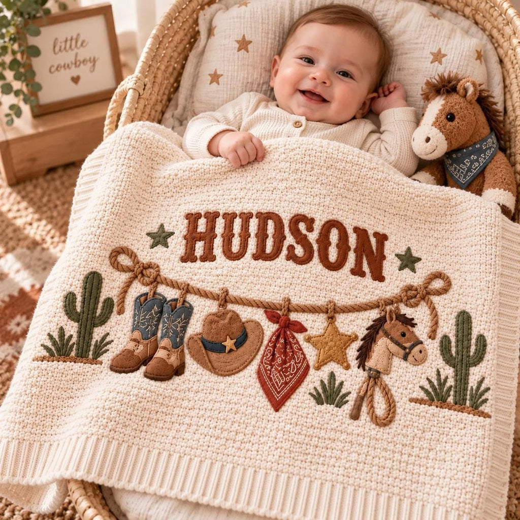 Personalized Western Baby Blanket, Baby Boy Gift, Custom Name Cowboy Horse Blanket, Rodeo Nursery Decor, Newborn Baby Shower Gift