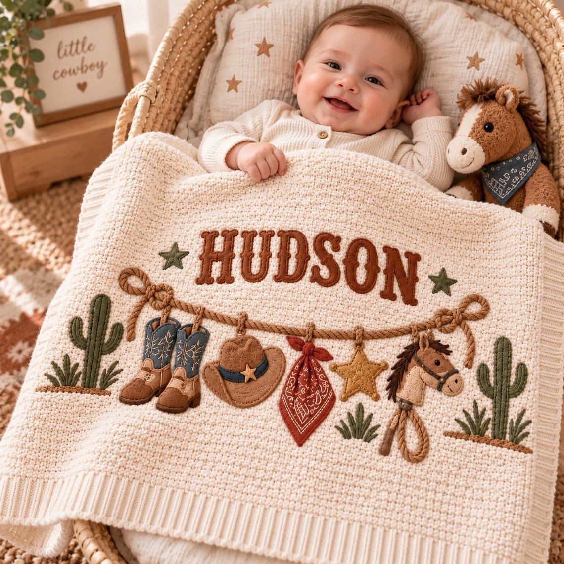 Personalized Western Baby Blanket, Baby Boy Gift, Custom Name Cowboy Horse Blanket, Rodeo Nursery Decor, Newborn Baby Shower Gift