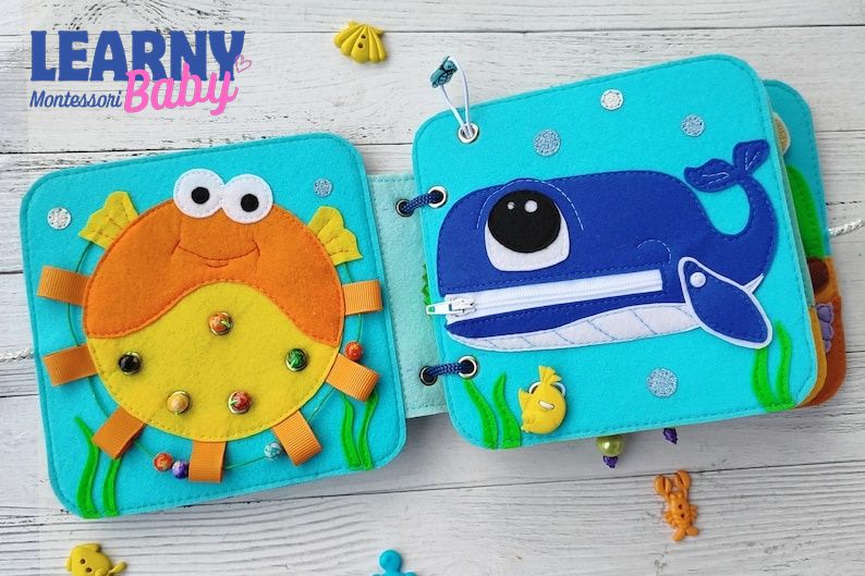 Sea Animals Quiet Book for Toddlers, Handmade Felt Sensory Busy Book, Montessori Learning Toy, Ocean Animal Activity Book QBLB66