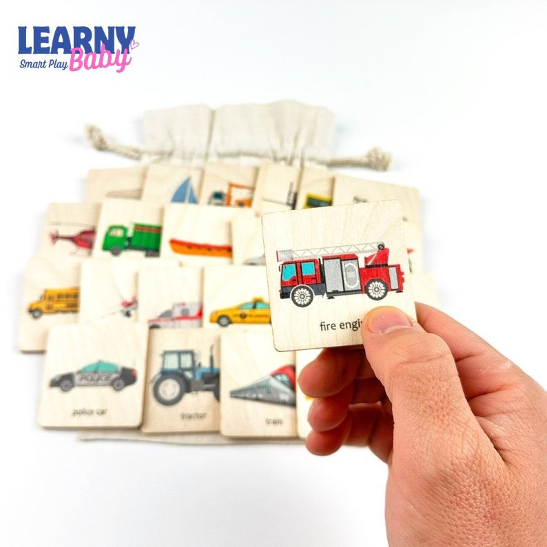 Transport Vehicles Wooden Flash Cards – Montessori Preschool Learning & Early Reading | For Toddlers Ages 1.5–4 FCLB05