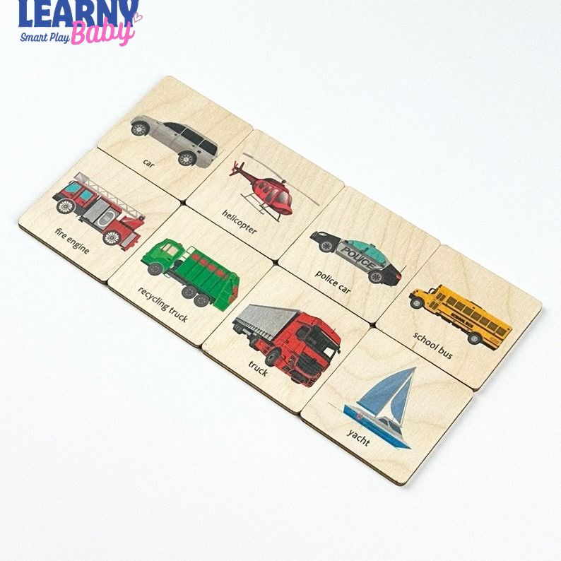 Transport Vehicles Wooden Flash Cards – Montessori Preschool Learning & Early Reading | For Toddlers Ages 1.5–4 FCLB05