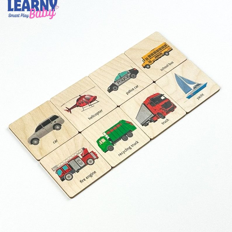 Transport Vehicles Wooden Flash Cards – Montessori Preschool Learning & Early Reading | For Toddlers Ages 1.5–4 FCLB05
