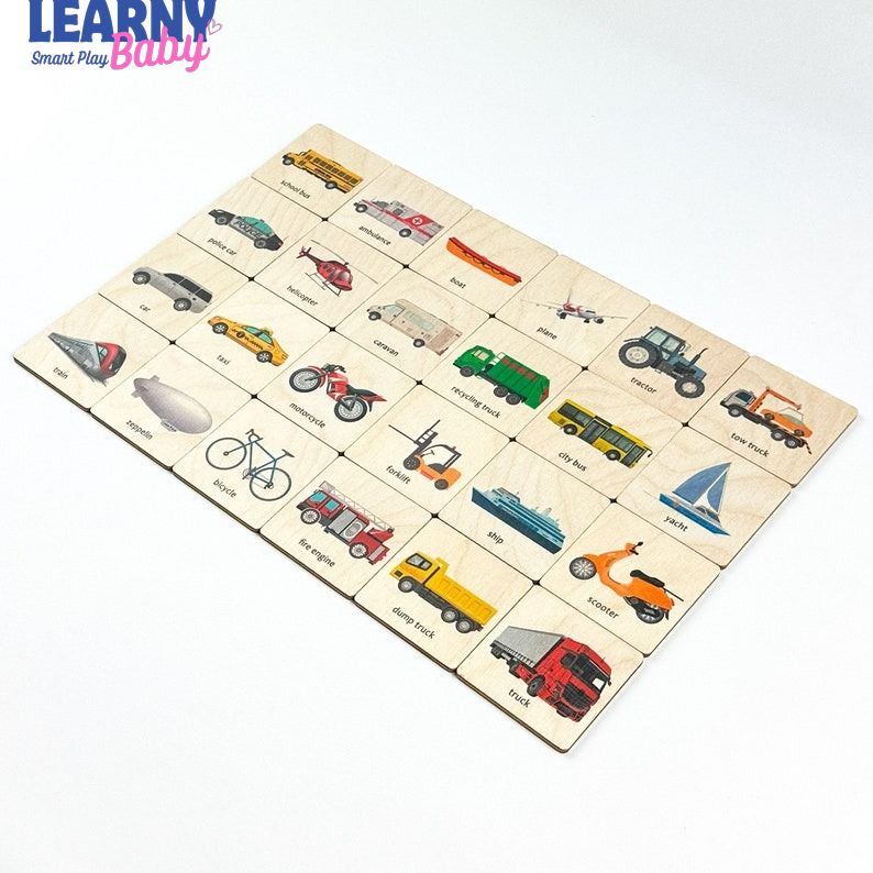 Transport Vehicles Wooden Flash Cards – Montessori Preschool Learning & Early Reading | For Toddlers Ages 1.5–4 FCLB05