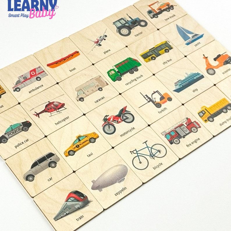 Transport Vehicles Wooden Flash Cards – Montessori Preschool Learning & Early Reading | For Toddlers Ages 1.5–4 FCLB05
