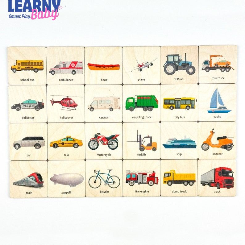 Transport Vehicles Wooden Flash Cards – Montessori Preschool Learning & Early Reading | For Toddlers Ages 1.5–4 FCLB05