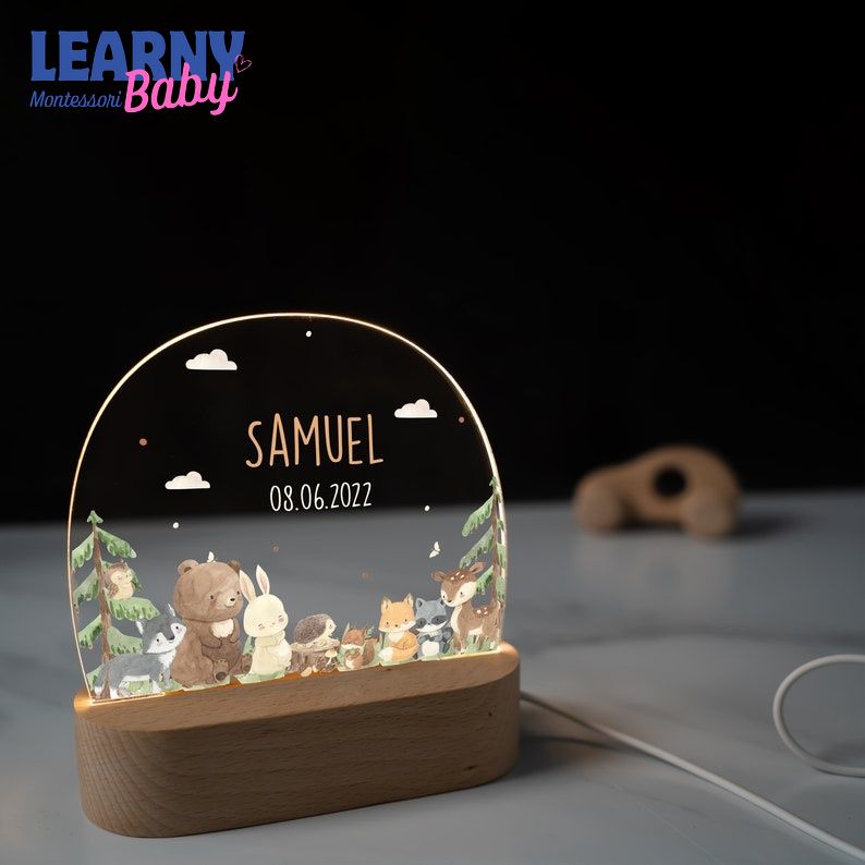 Forest Animals Acrylic Night Light for Baby, Personalized Birth Gift, Christening Gift, Kids Room Bedside Lamp NL06
