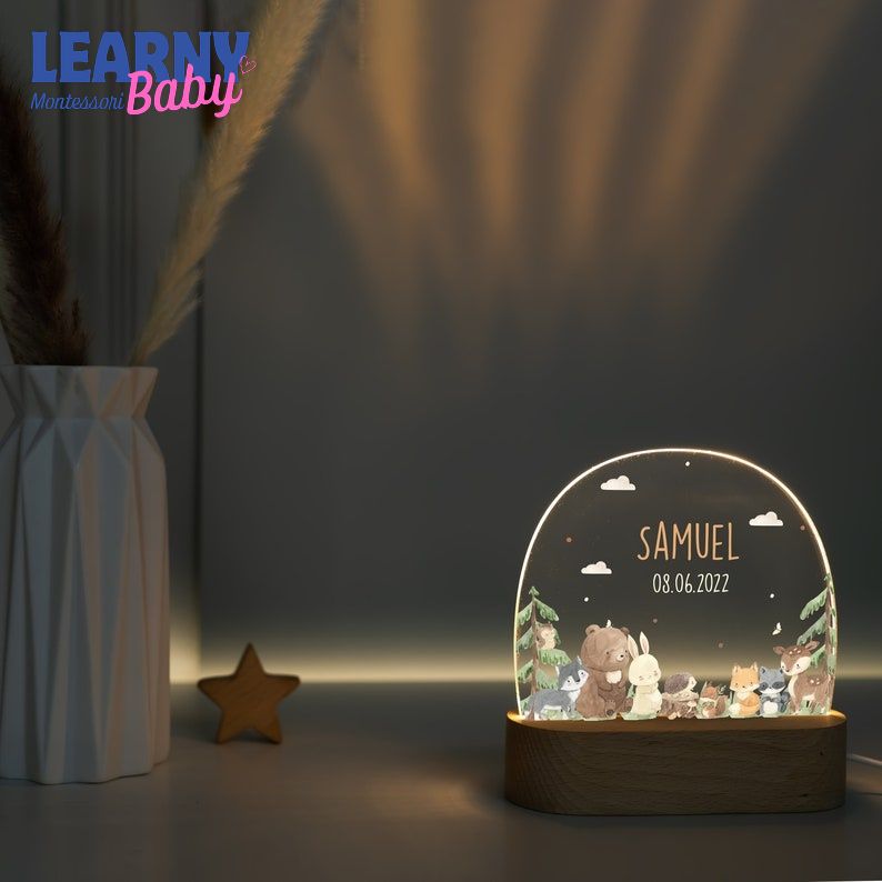 Forest Animals Acrylic Night Light for Baby, Personalized Birth Gift, Christening Gift, Kids Room Bedside Lamp NL06