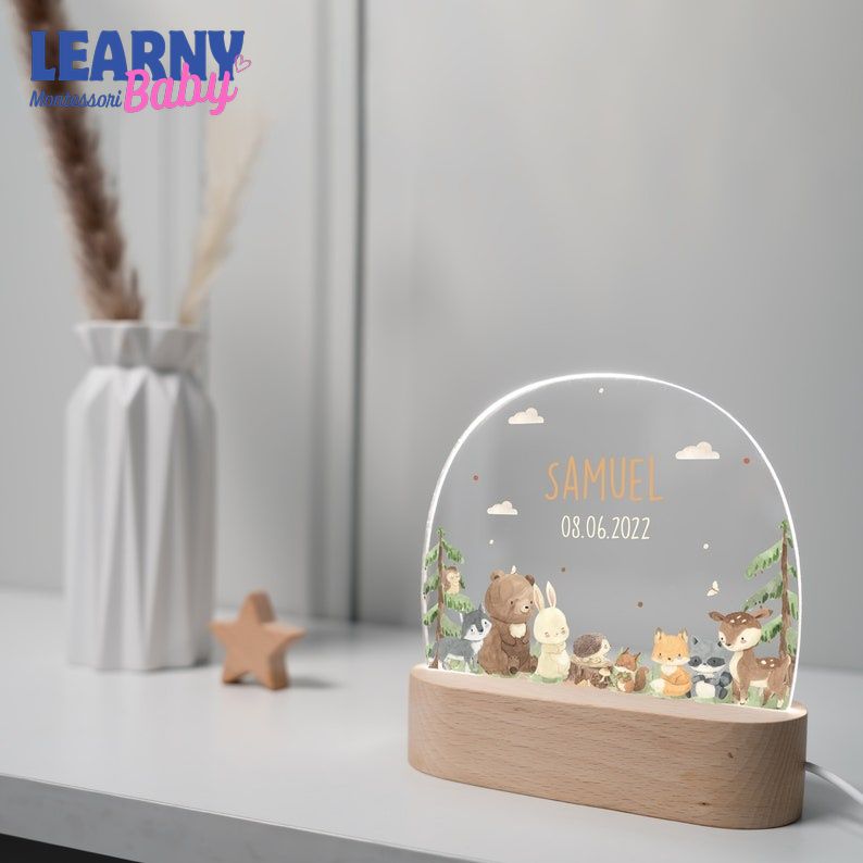 Forest Animals Acrylic Night Light for Baby, Personalized Birth Gift, Christening Gift, Kids Room Bedside Lamp NL06