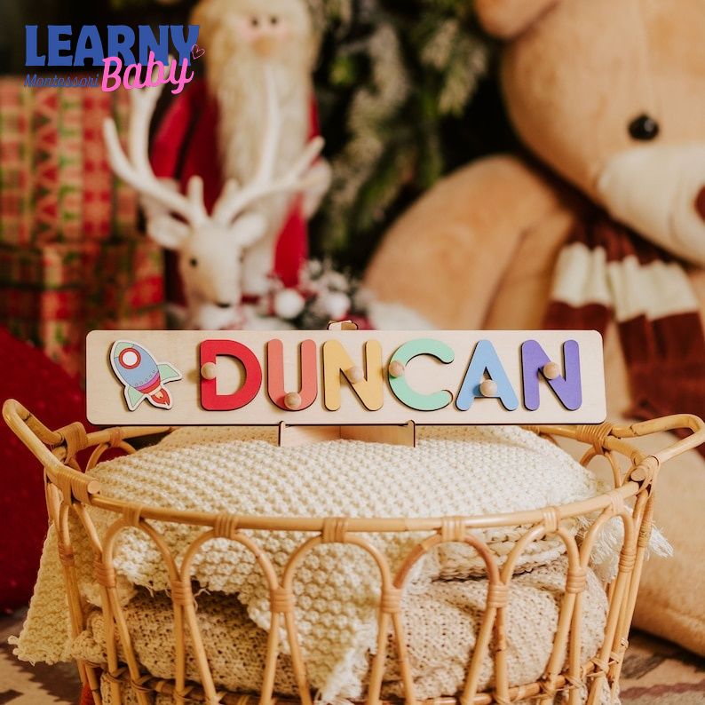 Personalized Name Puzzle With Pegs, New Christmas Gifts for Kids, Wooden Toys, Baby Shower, First Birthday 1st Gifts, Wood Name Puzzle BBLB20