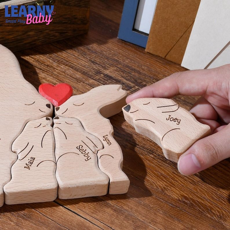 Easter Wooden Rabbits Family Puzzle, Bunny Family Name Ornament, Grandma Presents, Easter Gift for Kids and Parents, Wood Bunny Easter Decor
