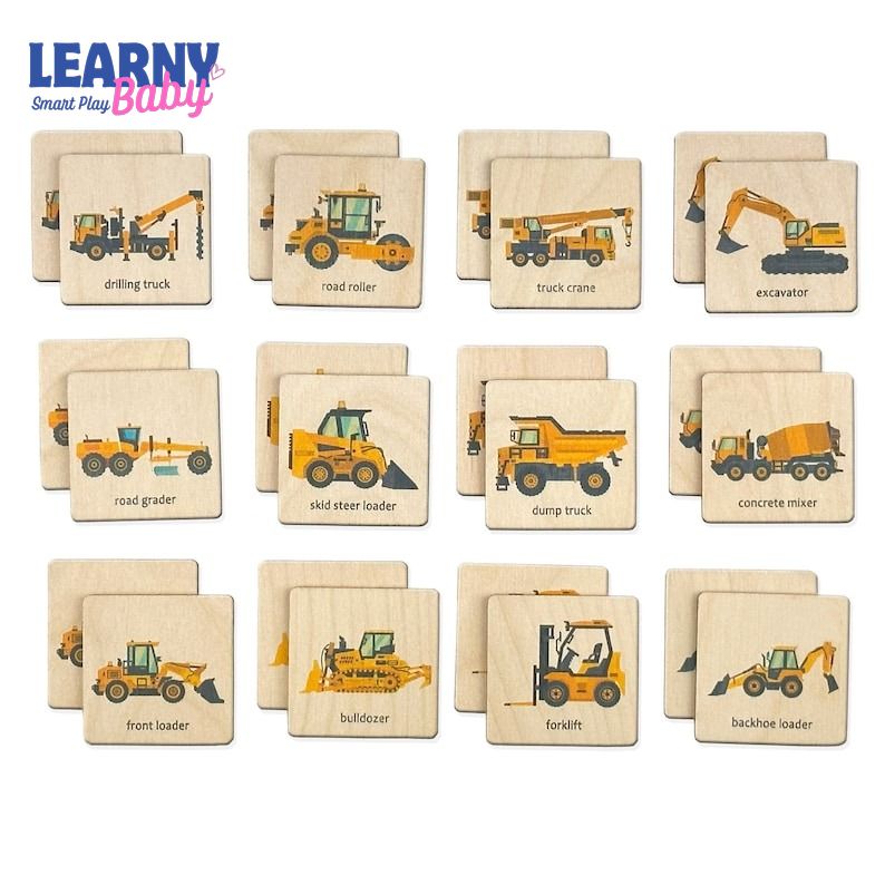 Montessori Wooden Construction Truck Memory Game, Vehicle Matching Puzzle, Early Cognitive & Memory Skills, Ages 2–5 FCLB06