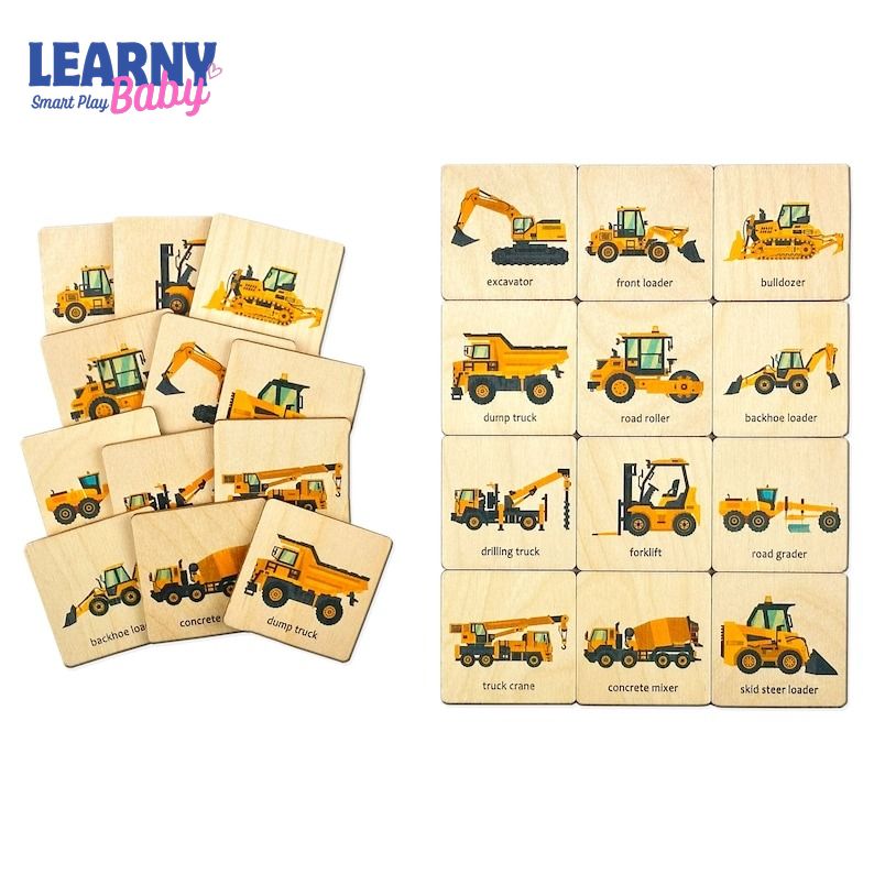 Montessori Wooden Construction Truck Memory Game, Vehicle Matching Puzzle, Early Cognitive & Memory Skills, Ages 2–5 FCLB06
