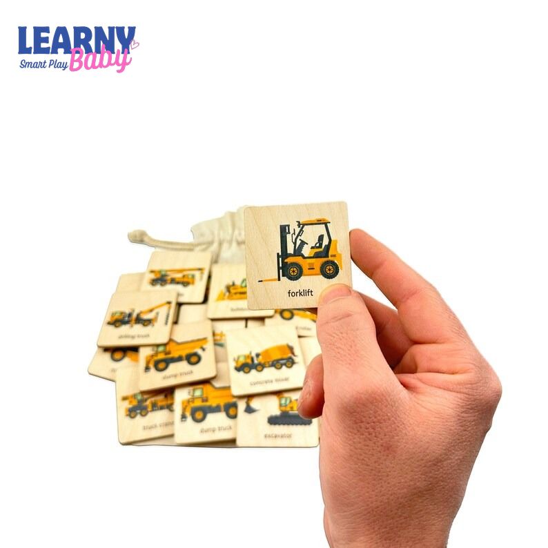 Montessori Wooden Construction Truck Memory Game, Vehicle Matching Puzzle, Early Cognitive & Memory Skills, Ages 2–5 FCLB06