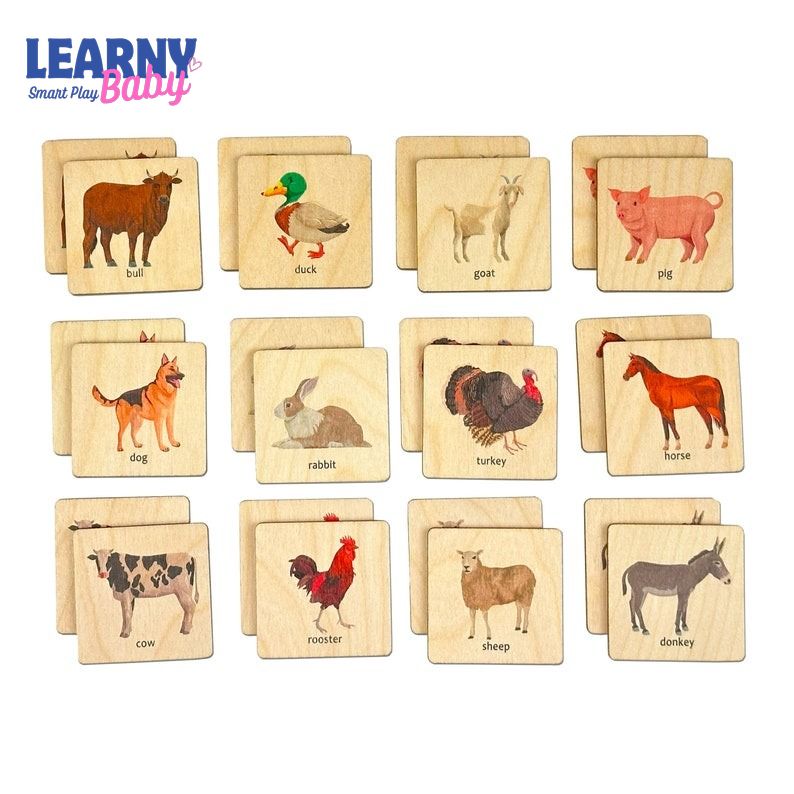 Wooden Farm Animals Memory Game, Montessori Matching Puzzle for Toddlers, Early Cognitive & Memory Skills, Ages 1–4 FCLB11