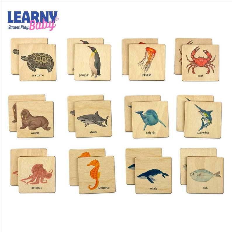 Wooden Montessori Ocean Animals Memory Game, Sea Life Matching Puzzle, Early Cognitive & Memory Skills, Ages 2–5 FCLB10