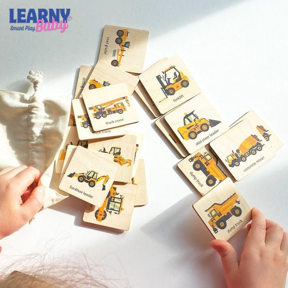 Montessori Wooden Construction Truck Memory Game, Vehicle Matching Puzzle, Early Cognitive & Memory Skills, Ages 2–5 FCLB06