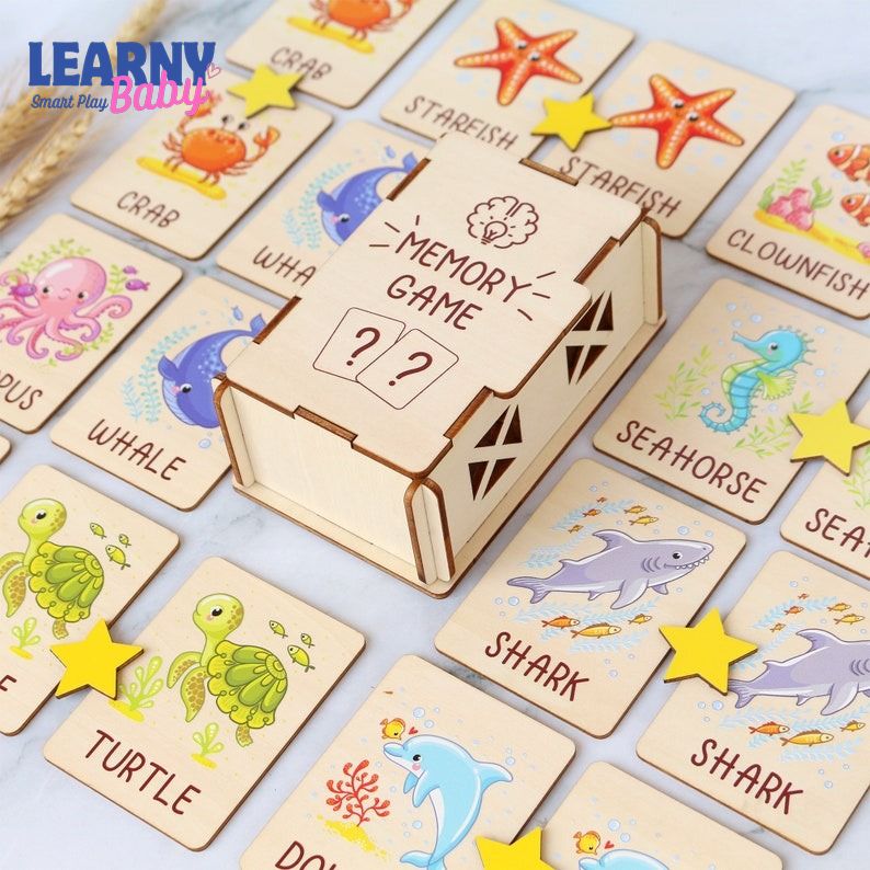 Ocean Animals Memory Game, Montessori Matching Cards with Wooden Box, Early Cognitive & Memory Skills, Ages 2–5 FCLB03