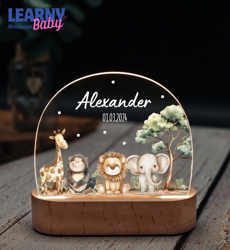 Personalized Jungle Animals LED Night Light, Kids Bedside Lamp, Baby Birth Gift NL13