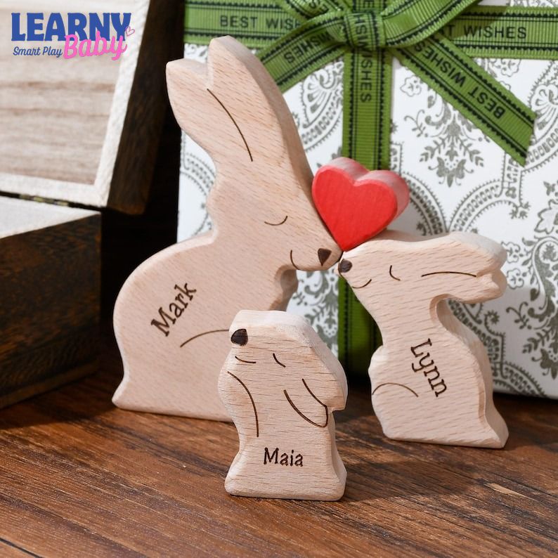 Easter Wooden Rabbits Family Puzzle, Bunny Family Name Ornament, Grandma Presents, Easter Gift for Kids and Parents, Wood Bunny Easter Decor