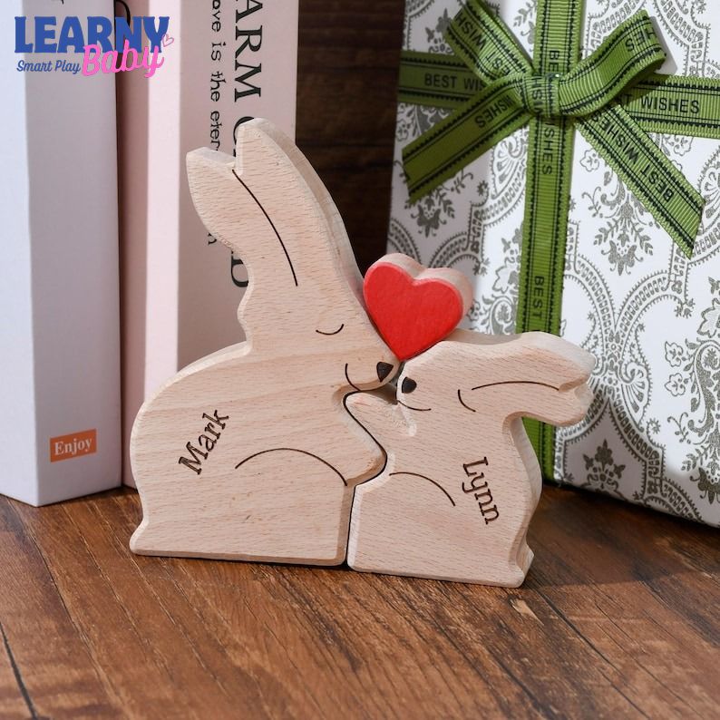 Easter Wooden Rabbits Family Puzzle, Bunny Family Name Ornament, Grandma Presents, Easter Gift for Kids and Parents, Wood Bunny Easter Decor