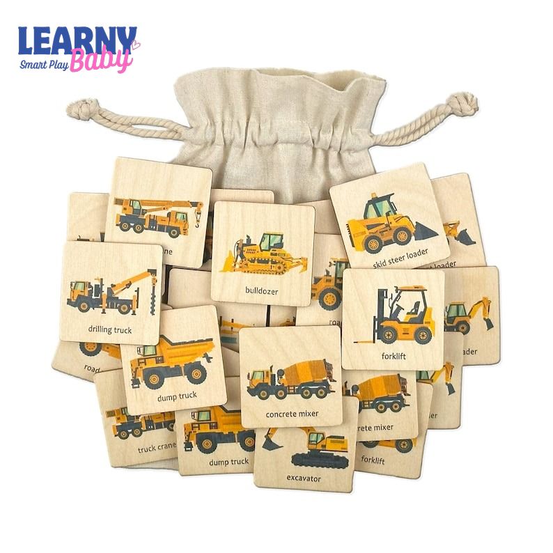 Montessori Wooden Construction Truck Memory Game, Vehicle Matching Puzzle, Early Cognitive & Memory Skills, Ages 2–5 FCLB06